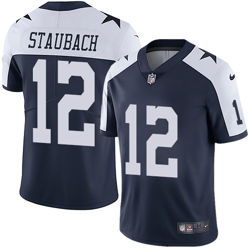 Nike Cowboys #12 Roger Staubach Navy Blue Thanksgiving Men's Stitched NFL Vapor Untouchable Limited Throwback Jersey - Click Image to Close